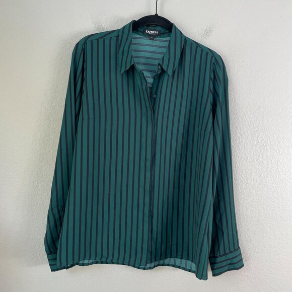 Express Portofino Shirt Womens Small Green Black Striped Button Up Blouse Top - Picture 1 of 7